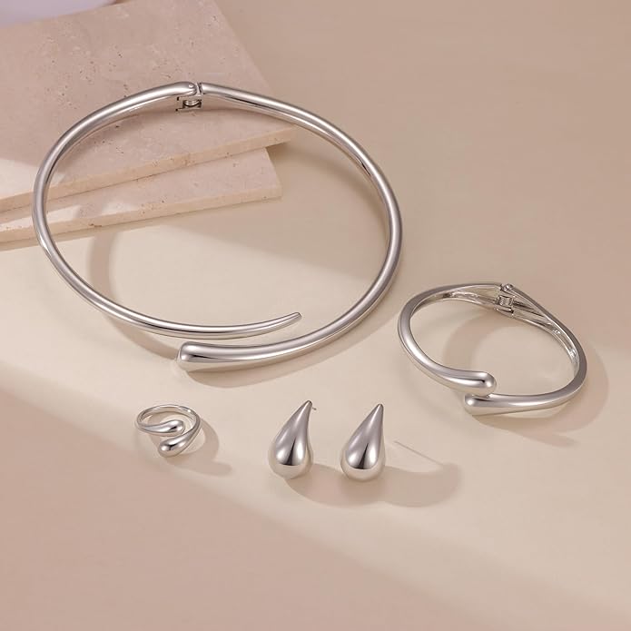 4 Pcs Statement Jewelry Set for Women – 18K Gold Plated Teardrop Necklace, Gold Drop Earrings, Bold Rings & Cuff Bracelets, Elegant Jewelry Gifts for Women