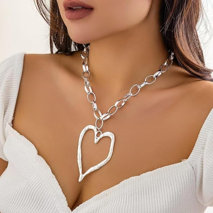 Chunky Gold Necklace Big Heart Necklace for Women Silver Large Statement Necklaces Thick Bold Chain Puffy Love Heart Charm Necklaces for Women with OT Toggle Silver Chunky Gold Jewelry Trendy Valentine's Day Gift