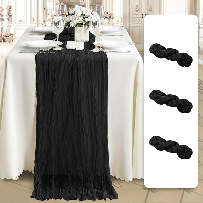 Cheesecloth Table Runner 3 Pack – 35x120 Inch (10ft) Boho Rustic Gauze Cloth Runners – Crinkle Polyester Table Decor for Wedding, Baby Shower, Bridal Shower, Birthday Party and More (Black)