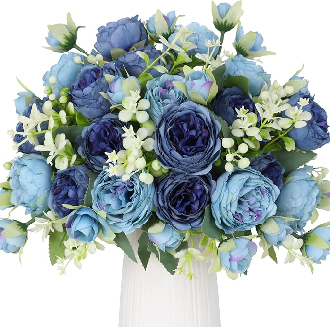 Floweroyal 4 Bunches Peony Artificial Flowers Teal Blue Flowers Silk Peonies Bouquets for Wedding Party Table Centerpieces Floral Arrangement Home Kitchen Decor
