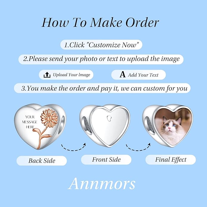 Annmors Personalized Photo Charm for Bracelet Necklaces,925 Sterling Silver Charm Love Heart Shaped Engraved Customize Picture Gift for Birthday Mother's Day Christmas,Bead Charms Jewelry for Women