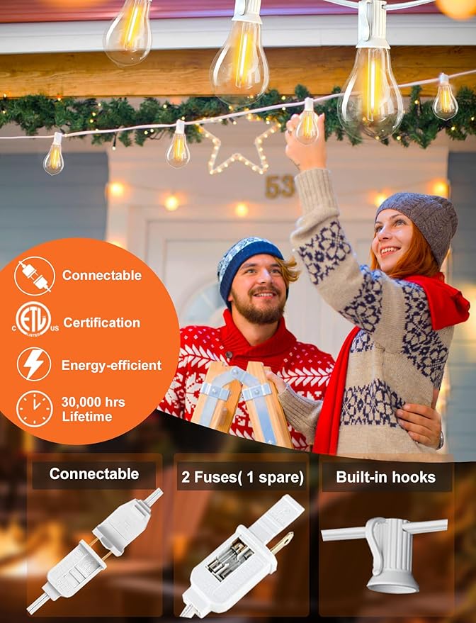 DAMAING Outdoor String Lights 200FT(2x100FT) Waterproof Patio Lights with 105 Plastic Dimmable LED Edison Bulbs,Connectable Outdoor Lighting for Backyard,Garden and Wedding Outside, 2200K White Cord