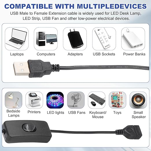 MECCANIXITY USB Extension Cable with ON/Off Toggle Switch 2m USB Male to Female Extension Cord for Desk Lamp Fan LED Light Strip Black Pack of 1