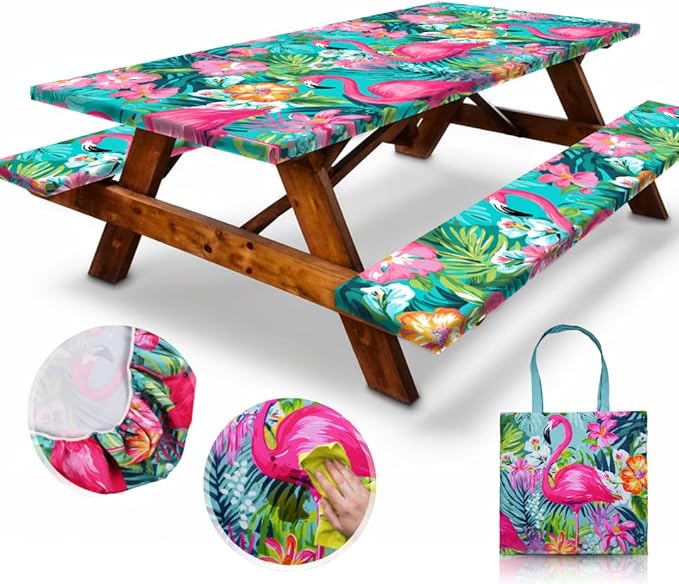 RNOONY 6ft Polyester Picnic Table Cover with Bench Covers Windproof & Waterproof Tablecloth, Perfect for Camping Gifts & RV Essentials, Cool Camping Gadgets, with Carrying Bag, 72x30 Inches, 4Pcs
