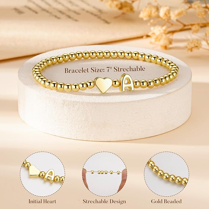 Ursteel Valentines Day Gifts for Her Women - Dainty 14K Gold Plated Beaded Bracelets for Women Trendy Letter A-Z Heart Jewelry Personalized Gifts