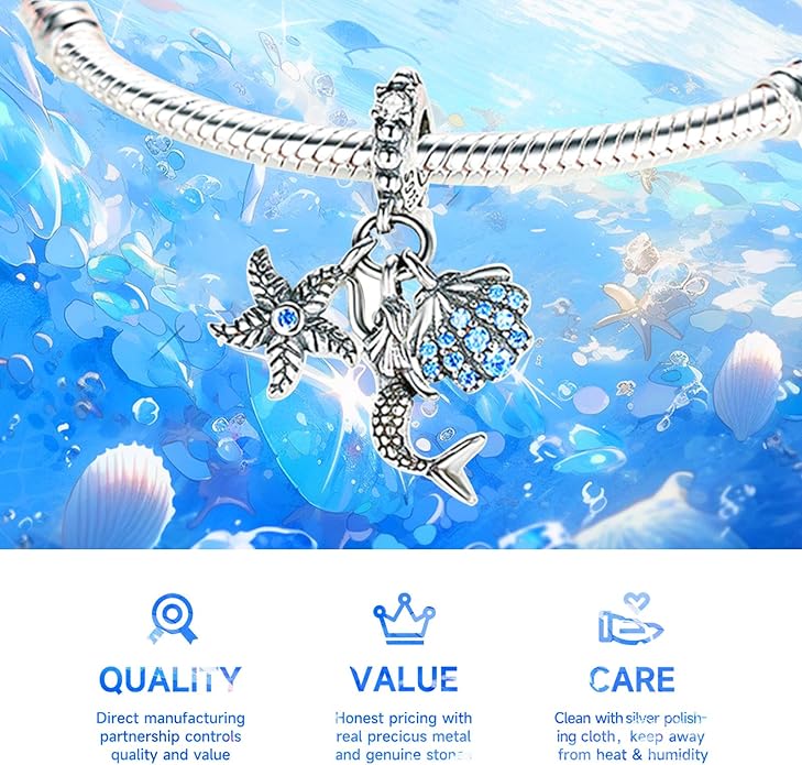 925 Sterling Silver Charms Bead for Bracelets Necklaces, Star Moon Crescent Sun Solar Pendent, Blue Ocean Starfish Shells Turtle Crab Starry Sea Cute Jewelry Birthday Gifts for Women Men