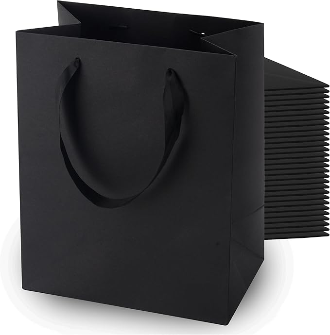 MOXARYSU Black Gift Bags With Handles: 8x5x10 Inch 50pcs Black Paper Bags Medium Bulk For Party Shopping Birthday Wedding (M, 50)