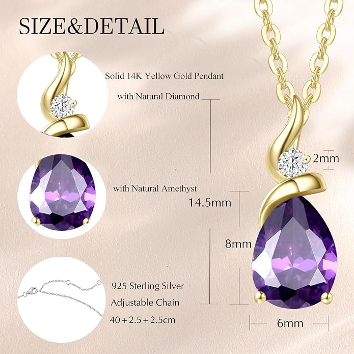 FANCIME 14K Solid Yellow Gold Birthstone Pendant Necklace for Women with Diamond Pear Shaped Teardrop Necklace Birthday Gifts for Mom Women Sterling Silver Chain 16" + 2" Extender