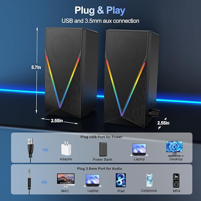 RGB Desktop Speakers with Enhanced Bass, Volume Control & 6 Colorful Lights - USB Powered & 3.5mm Aux Gaming Speakers for Laptop, PC, Tablet, Phone