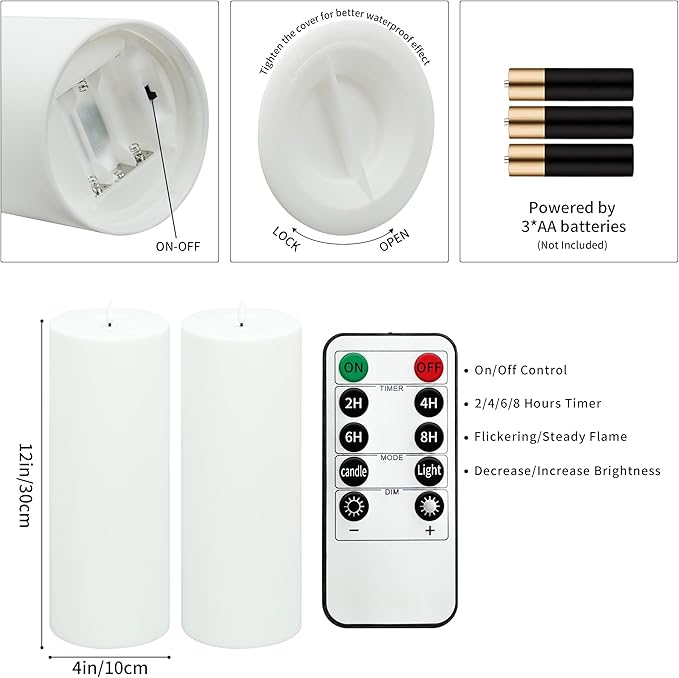 12" x 4" Large Outdoor Candles with Timer Waterproof Flickering LED Flameless Candles Battery Operated with Remote Fake Pillar Candles Realistic for Patio Porch Lanterns, White 2 Pack
