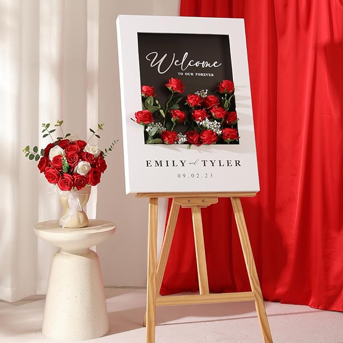 Tifuly 50pcs Red Roses in Bulk, Realistic Long Stem Fake Silk Roses Bouquet for Wedding Centerpiece Table Party Home Kitchen Decor