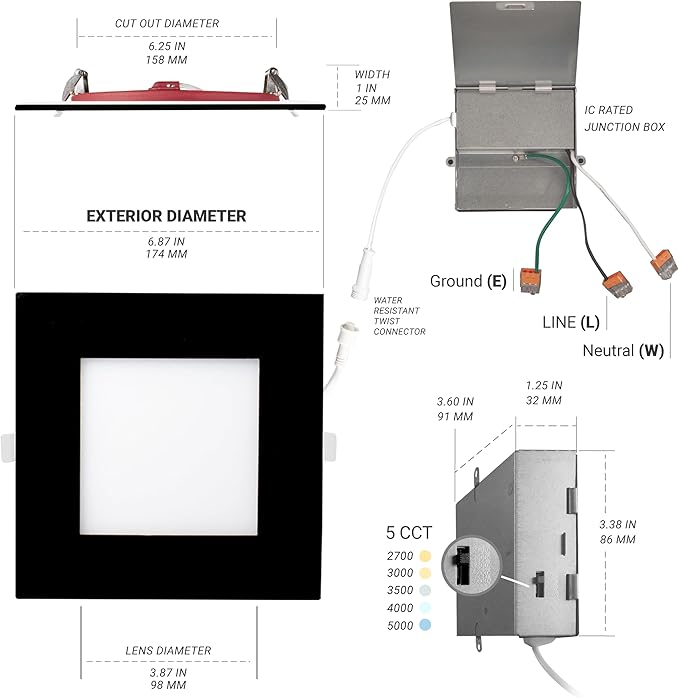 NUWATT 2 Hour Fire Rated Recessed Lighting 6 Inch, Square LED Lights, 5 CCT 2700K/3000K/3500K/4000K/5000K, 15W, Dimmable 1200LM, Black Recessed Lights, Wet & IC Rated, ETL, No Tenmat Needed, 6 Pack