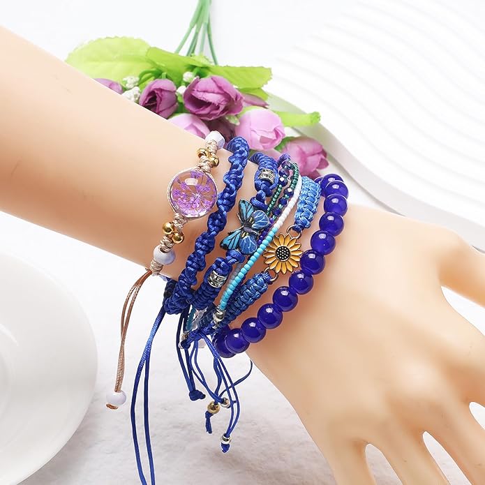 DS 6PCS String beads Charm Bracelets for Teen Girls Handmade Braided Rope Butterfly daisies Eternal flower Boho Surfer Bracelet for women Adjustable friendship Stretch birthday jewelry Gift Friends
