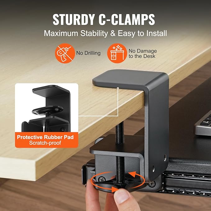 VEVOR Clamp on Keyboard Tray Under Desk, Desk Keyboard Tray Slide Out with Sturdy No-Drill C Clamp Mount, Large 26.8 x 11 inch Slide-Out Computer Drawer for Typing in Home, Office Work