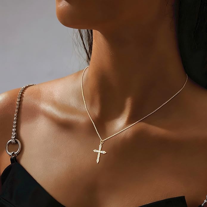 Zeffy Cross Necklace for Women,18K Gold/Silver Plated Tiny Cubic Zirconia Cross Pendant Necklace for Women Simple Layered Cross Necklaces for Women