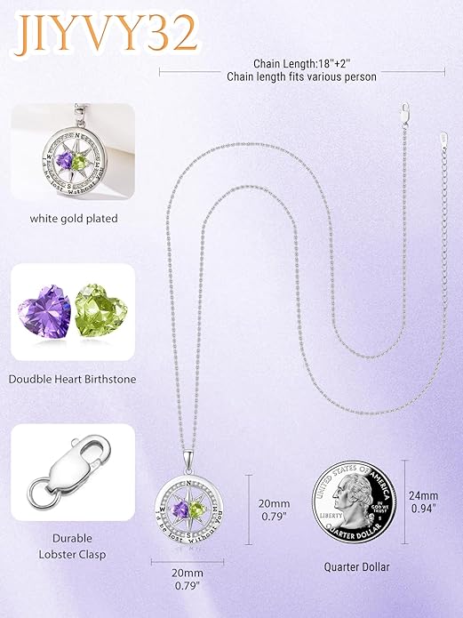 Compass Necklace for Women, Exquisite S925 Valentines Day Anniversary Birthday Gifts for Wife Her Double Birthstone Pendant Jewelry ‘I'd be Lost Without You’