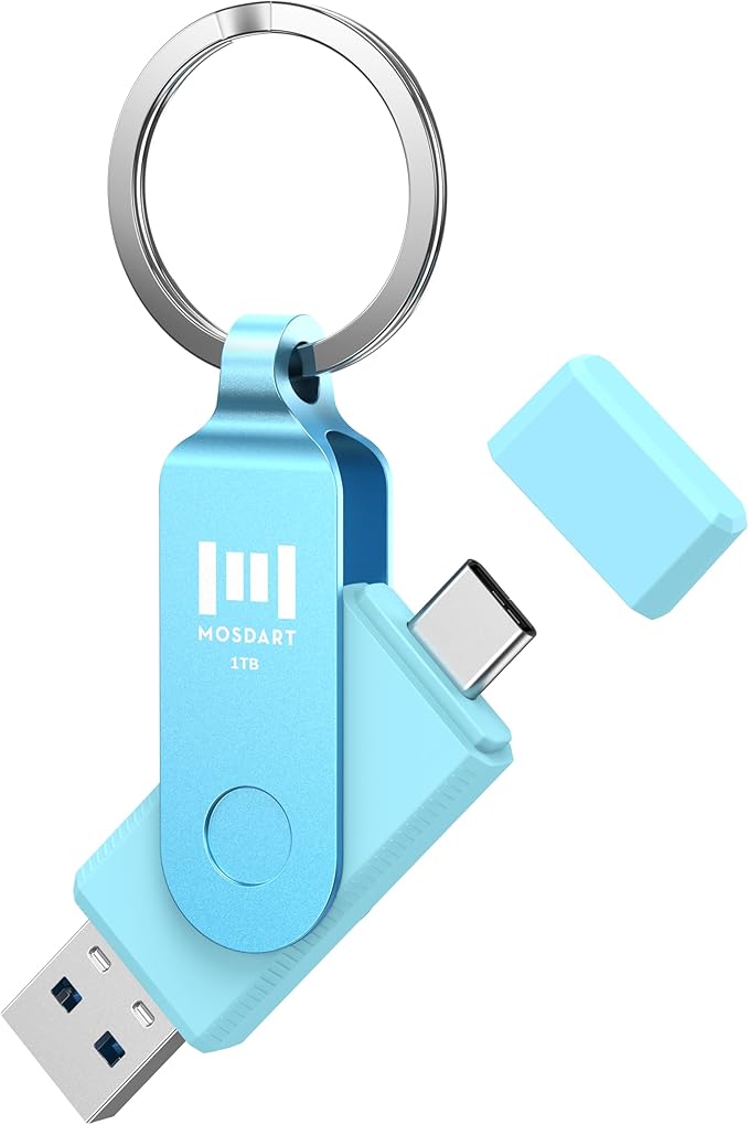 MOSDART 1TB USB3.1 Fast Speed C and A Dual Flash Drive, exFAT Memory Stick with Keychain and LED Indicator, for iPhone 15 and 16, Android Phone, iPad, MacBook, and Other Laptops, Sky Blue