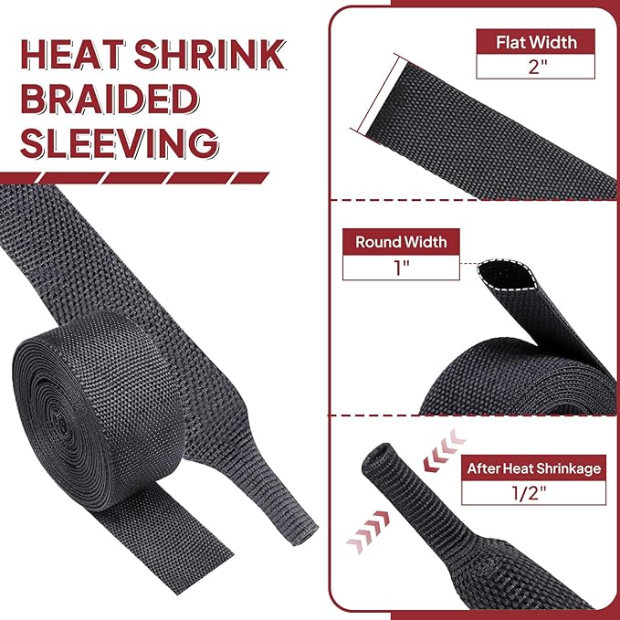 Heat Shrinkable Braided Sleeving 2:1 Ratio- Abrasion Protection Flexibility Wiring Harness Cable Sheath (1" ID, 12ft)