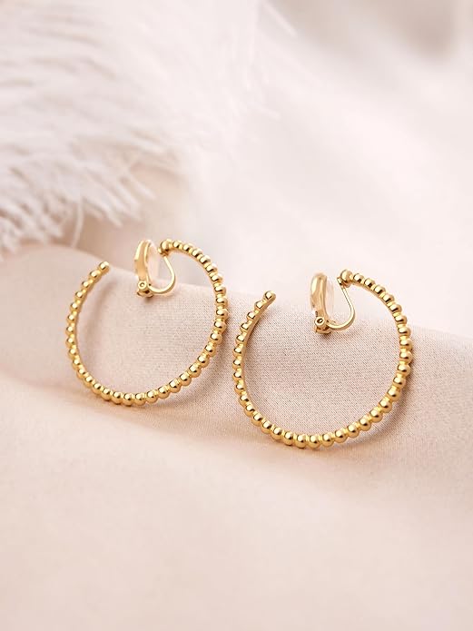 FAN&LOUIS 24K Gold Plated Hoop Clip On Earrings for Women, Gold Beaded Hoop Trendy Hypoallergenic Non Pierced Earrings Painless Lightweight 38mm Clip-On Earrings