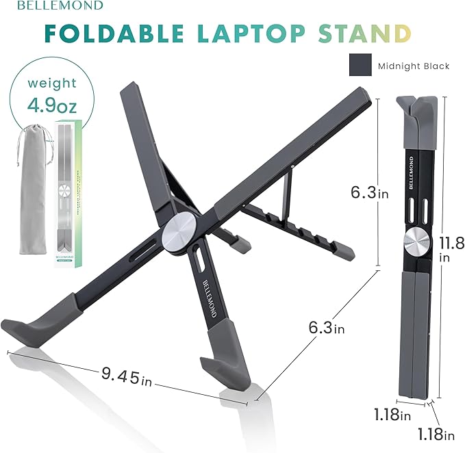 BELLEMOND | X-Shape Laptop Stand – Adjustable Aluminum Riser, 5 Height Levels, Lightweight & Foldable, Ventilated, for Laptops and Tablets up to 17.3" | Midnight Black