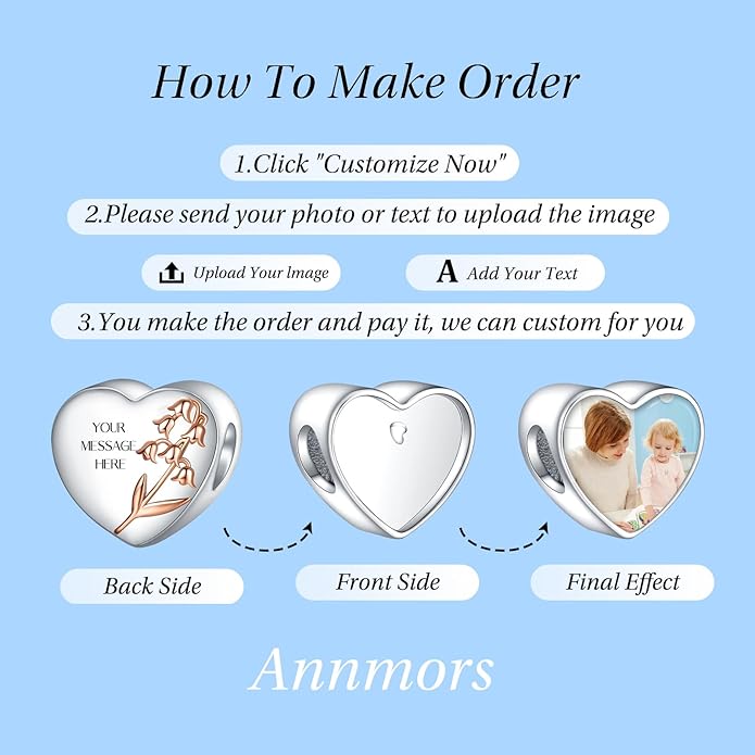 Annmors Personalized Photo Charm for Bracelet Necklaces,925 Sterling Silver Charm Love Heart Shaped Engraved Customize Picture Gift for Birthday Mother's Day Christmas,Bead Charms Jewelry for Women