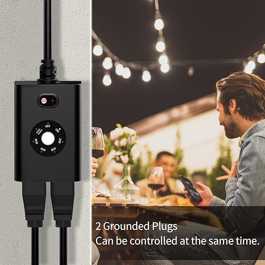 Minoston Outdoor Timer Outlet Waterproof 2 Pack, Dusk to Dawn Photocell Light Sensor Socket, 2/4/6/8 Hours Cutdown Timer, 2 Grounded Outlets for Christmas and Hallowen Deceration, Black(MP40T)