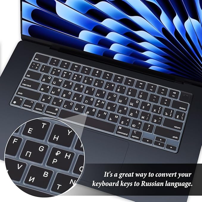 Russian Language Keyboard Cover Skin Compatible for 2025-2022 MacBook Air 15.3 inch A2941 A3114 A3241/MacBook Air 13.6 inch A3113 A2681 A3240 with M4 M3 M2,MacBook Air 2025 Keyboard Protector-Black