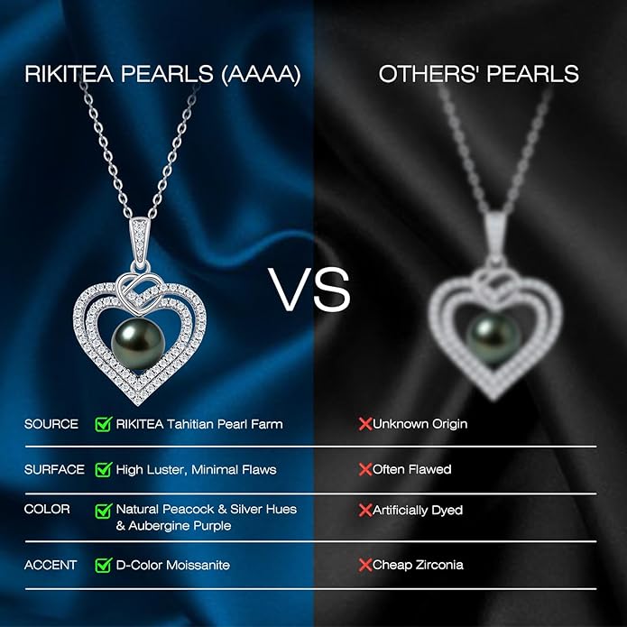 Genuine Tahitian Black Pearl Necklaces for Women, 9-12mm AAAA Seawater Pearl - Sterling Silver Moissanite Pendant, Wedding Anniversary, Birthday, Christmas Gift for Wife, Mom, Girlfriend, Fine Jewelry