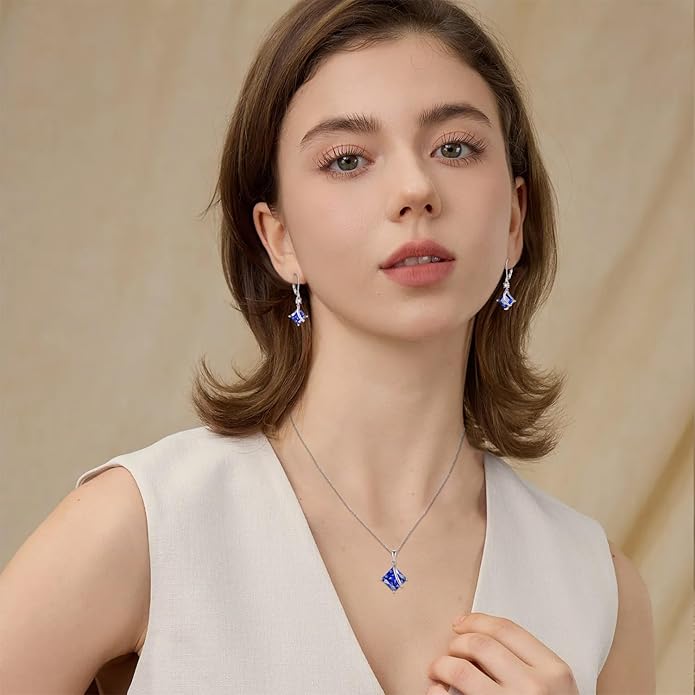 Square Princess Cut Necklace and Earrings Set 925 Sterling Silver Solitaire Tanzanite Jewelry Set for Women December Birthstone Jewelry Gifts for Her