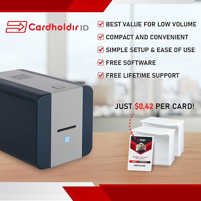 Easy Badges Solid 210 ID Badge Printer | with Beginner Software, & Everything Needed to Design and Print 400 ID Cards, | Single Sided Employee & Student ID Card Printer