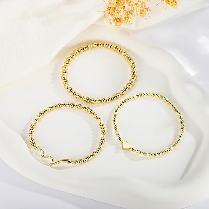 Turandoss Gold Bracelets for Women - Dainty 14K Gold Plated Bow Cross Beaded Bracelets for Women Stackable Heart Bead Bracelet Set Wave CZ Round Ball Bracelet Valentine's Day Gifts for Her