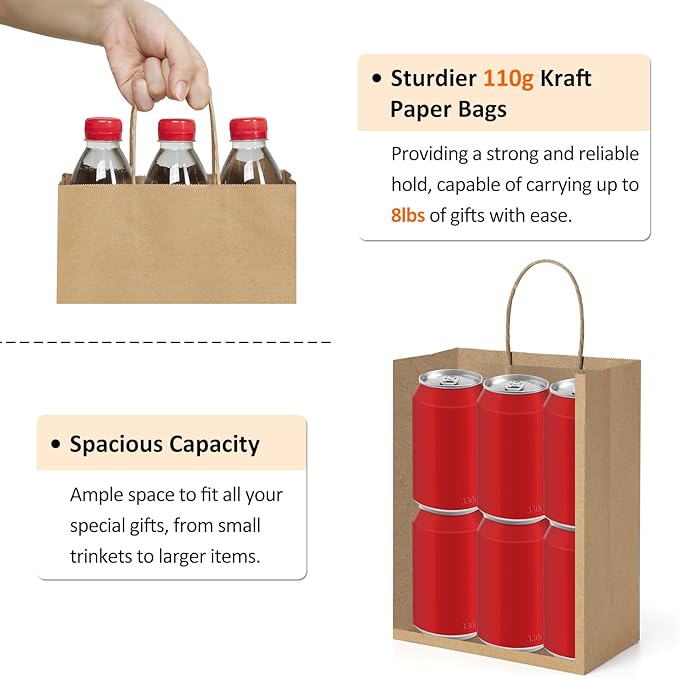 BagDream 25Pcs Brown Gift Bags 8x4.25x10.5 Kraft Paper for Gifts, Shopping Retail Merchandise Grocery Sacks, Brown Paper Bags with Handles Bulk Medium