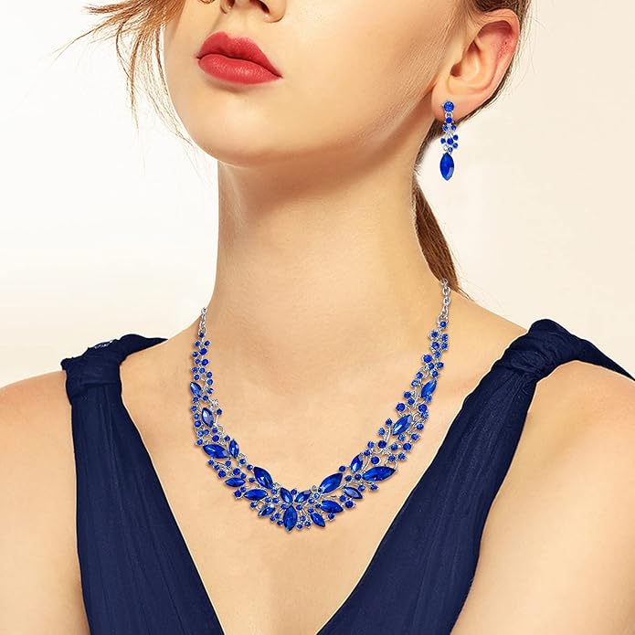 BriLove Women's Wedding Bridal Austrian Crystal Marquise Cluster Collar Necklace Dangle Earrings Set