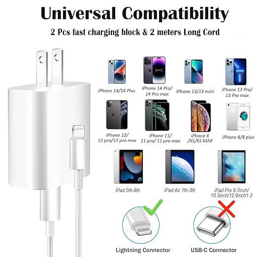 iPhone Charger Fast Charging,iPhone Fast Charger 2Pack Type C Fast Charger Block Plug Adapter 6FT USB-C to Lightning Cable Cord for iPhone 14/13/13 Pro/12 Pro/12 Pro Max/11/Xs Max/XR/X/SE,iPad,AirPods