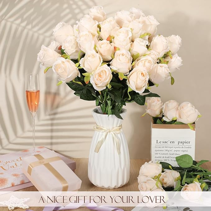 Hotop 80 Pcs Rose Artificial Flowers Bulk with Long Stem, Silk Roses Realistic Fake Flowers Bouquet for Wedding Table Centerpieces Bridal Shower Party Home Decorations(Beige)