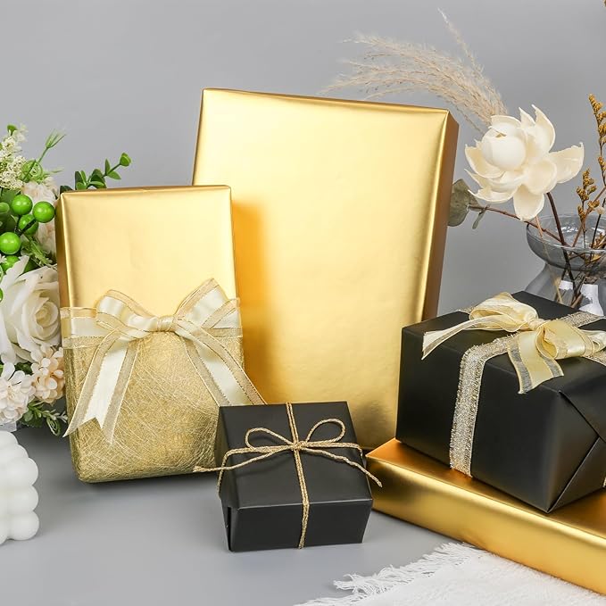 NESCCI Matte Metal Gold Wrapping Paper, Solid Color Paper-2 Roll,17.5 Inches X 32.8 Feet Per Roll,Gift Wrapping Paper,Perfect for Wedding,Valentine's Day,Birthday,Baby Shower,DIY Bouquet
