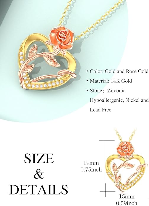 14K Solid Gold Rose Flower/Sunflower Necklaces for Women Flower Heart Pendant Necklace Love Sunshine Jewelry Anniversary Valentine's Day Birthday GiftS for Women Wife Girlfriend Her Mom