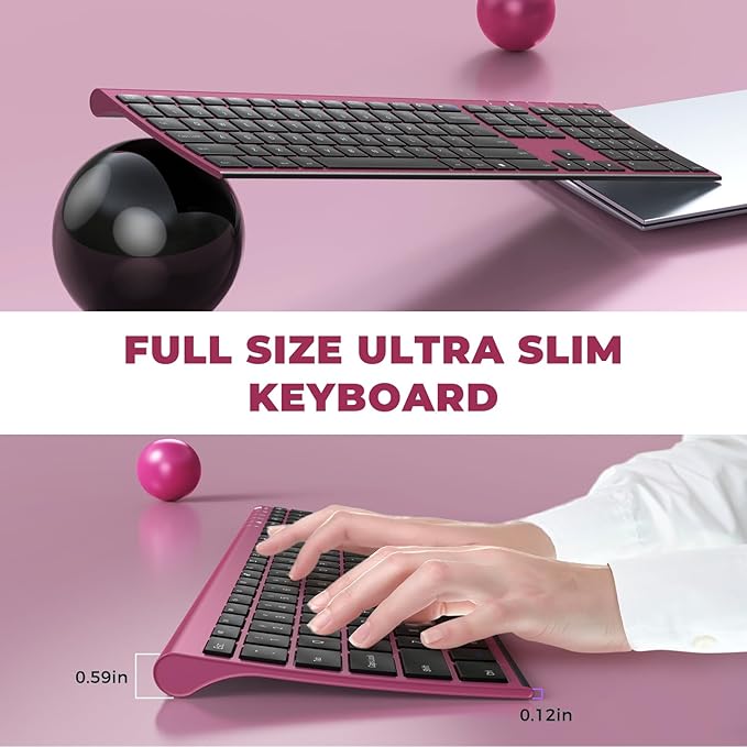 Wireless Keyboard and Mouse, Vssoplor 2.4GHz Rechargeable Compact Quiet Full-Size Keyboard and Mouse Combo with Nano USB Receiver for Windows, Laptop, PC, Notebook-Black and Wine Red