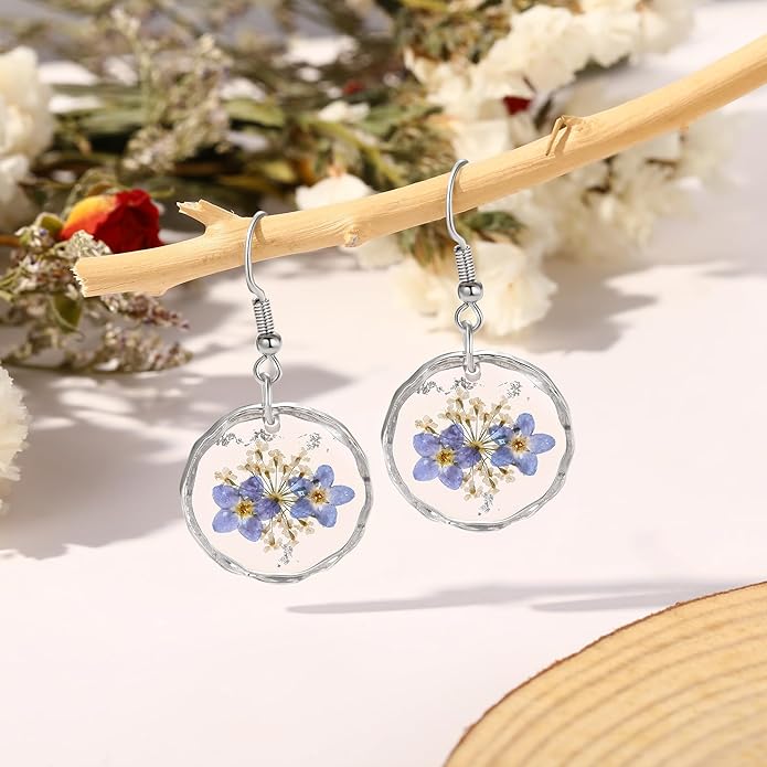 Forget-Me-Not and Queen Anne's Lace Pressed Wildflower Earrings | Pressed Flower Earrings | Handmade Drop and Dangle Earrings | Gift for Woman