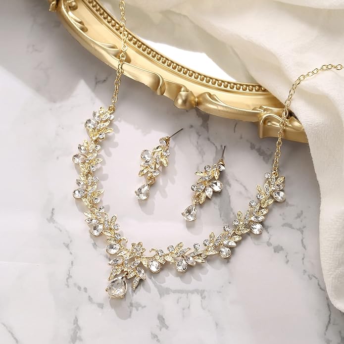 BriLove Women's Wedding Jewelery Set Leaf Flower Crystal Teardrop Marquise Cluster Pendant Necklace Dangle Earrings for Bridal Party