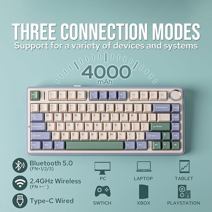 EPOMAKER x Aula F75 Gasket Mechanical Keyboard, 75% Wireless Hot Swappable Gaming Keyboard with Five-Layer Padding&Knob, Bluetooth/2.4GHz/USB-C, RGB (Green, Crescent Switch)