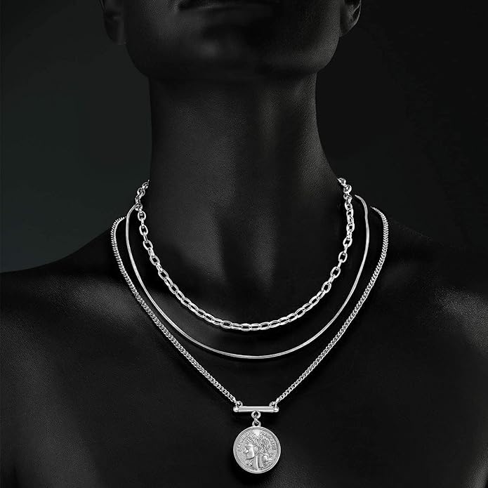 LANE WOODS Gold Plated Necklaces for Women - Multilayer Coin Medallion Pendant Necklace Adjustable Layering Choker Necklaces Chain Set Jewelry