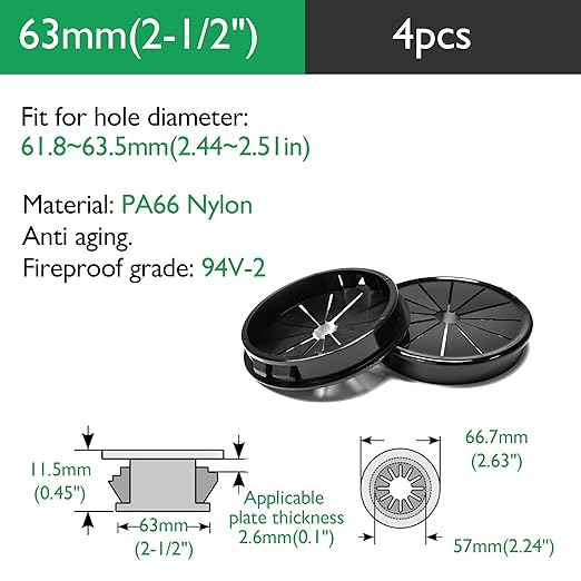4PCS Cable Grommets, 2-1/2"(63mm) Desk Hole Cover Petal Shaped Buckle Type Nylon Snap Bushing Grommet, Wire Hole Cover Insert for Cables and Cords Management and Protection of Cabinet, Black