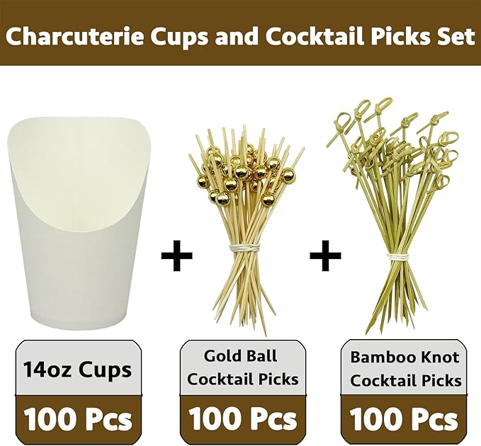 CAMKYDE 14 oz Disposable Charcuterie Cups with Sticks (100 Cups + 200 Picks, White)