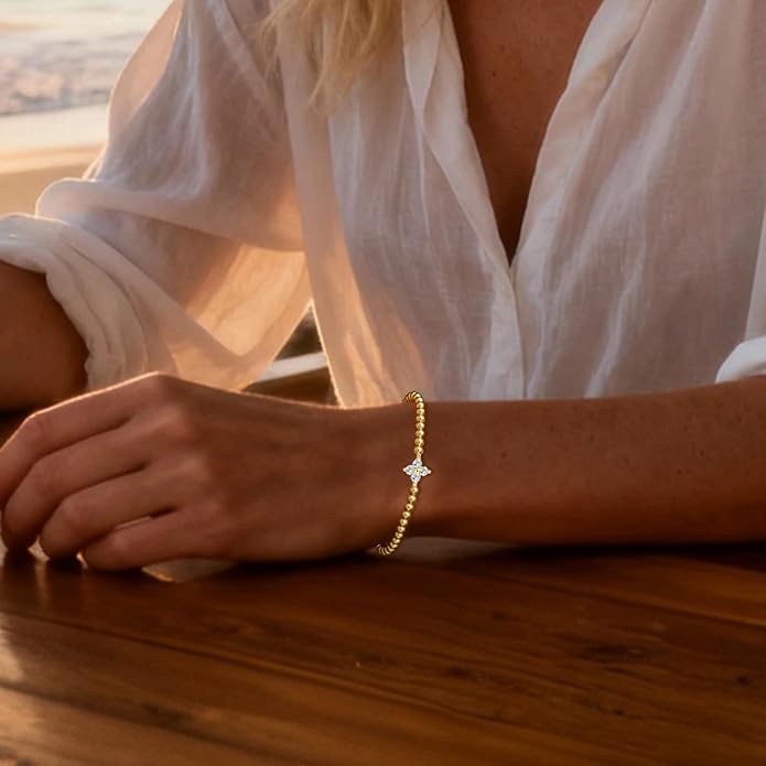 HZDK Gold Bracelets for Women - 14K Gold Plated Beaded Bracelets for Women Gold Jewelry Stackable Charm Bracelet Dainty Stretch Bead Bracelet Christmas Gifts for Her