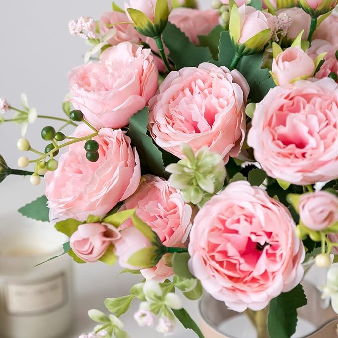 Floweroyal 4 Bunches Peony Artificial Flowers Pink Flowers Silk Peonies Bouquets for Wedding Party Table Centerpieces Floral Arrangement Home Kitchen Decor.