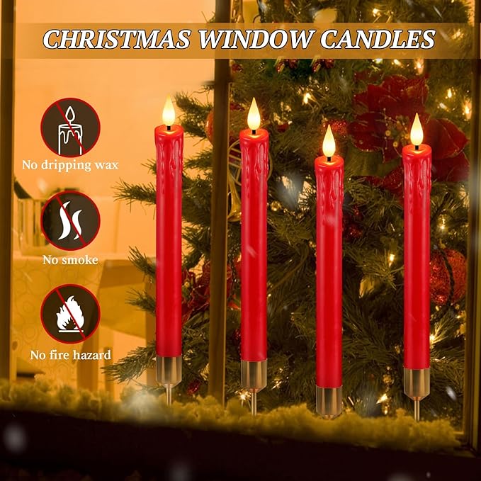 OCATO Flameless Candles with Remote Timer: 8 Pcs Battery Operated Window Candles 9.6" Real Wax LED Flickering Flameless Taper Candles 3D Wick Lights Halloween Christmas Wedding Party Decorations Red