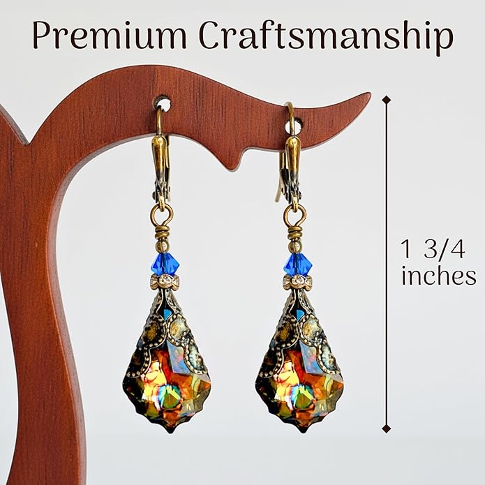 Antique Inspired Vintage Victorian Dangle Drop Earrings for Women - Colored Austrian Crystal Leverback Earrings - Jewelry Gift for Her