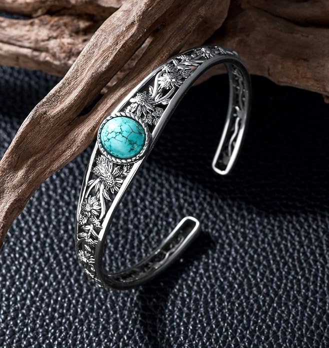 Genuine Turquoise Cuff Bracelet for Women, Sterling Silver Western Vintage Floral Bangle Native American Jewelry, For 6.5-7.5 Inch Wrists