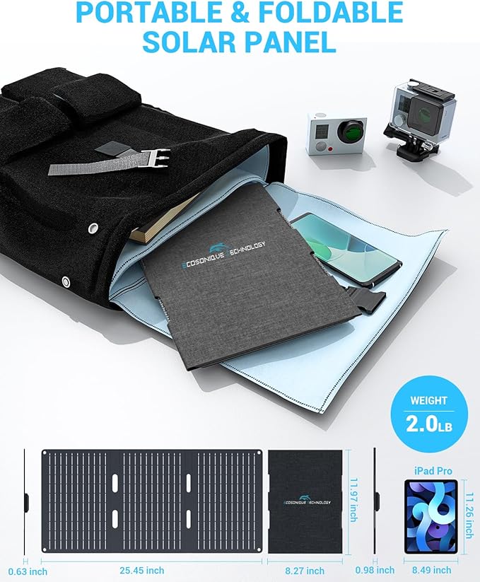 Ecosonique 30W Portable Solar Charger Foldable Solar Panels with USB C USB A ETFE Waterproof for Camping Backpacking Compatible with Cell Phone, iPhone, iPad, Samsung Galaxy, LG, Power Banks